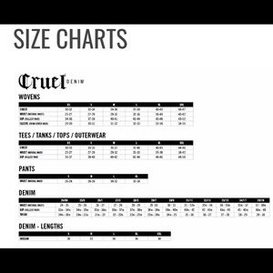 cruel jeans size chart